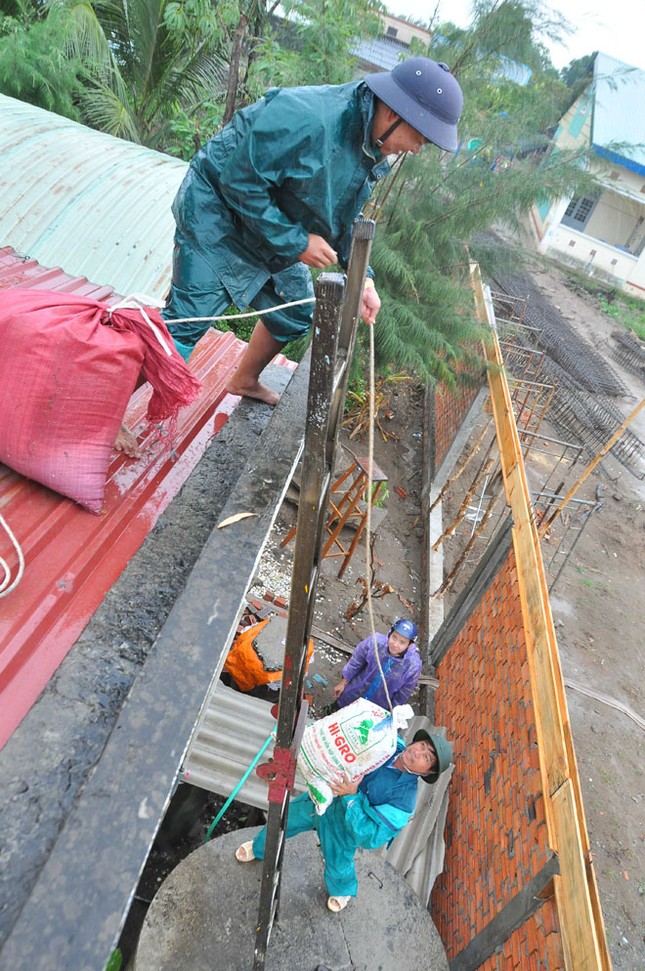 Dân quân tự vệ dầm mưa chằng chống nhà cửa chống bão ảnh 3