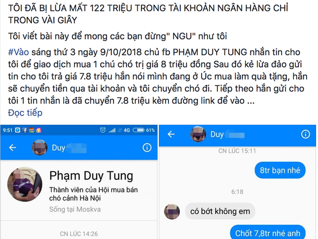 Chàng trai bị “thổi bay” 122 triệu đồng trong tài khoản chỉ vì "mua chó trên mạng" ảnh 1