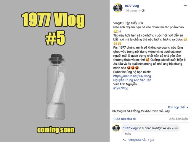 1977 Vlog "nhá hàng" vlog thứ 5 sau khi đạt nút Vàng YouTube: Là một tác phẩm văn học? ảnh 1