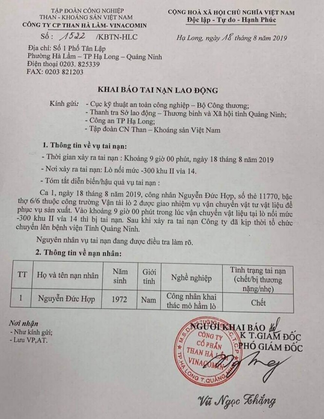 Một công nhân than Hà Lầm tử vong dưới độ sâu âm 300m - ảnh 1