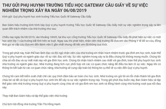 Trường Gateway thông báo vô cảm về bé lớp 1 tử vong trên xe buýt? - ảnh 2