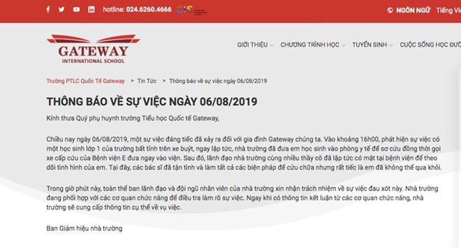 Trường Gateway thông báo vô cảm về bé lớp 1 tử vong trên xe buýt? - ảnh 1