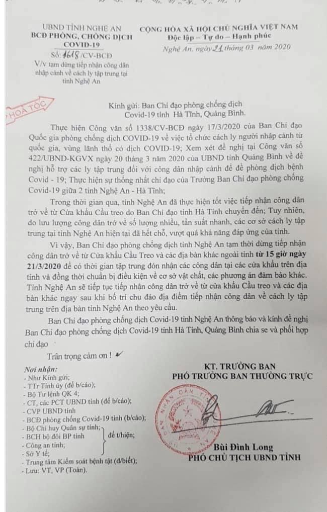 Nghệ An tạm dừng tiếp nhận công dân nhập cảnh về cách ly tập trung tại tỉnh - ảnh 1