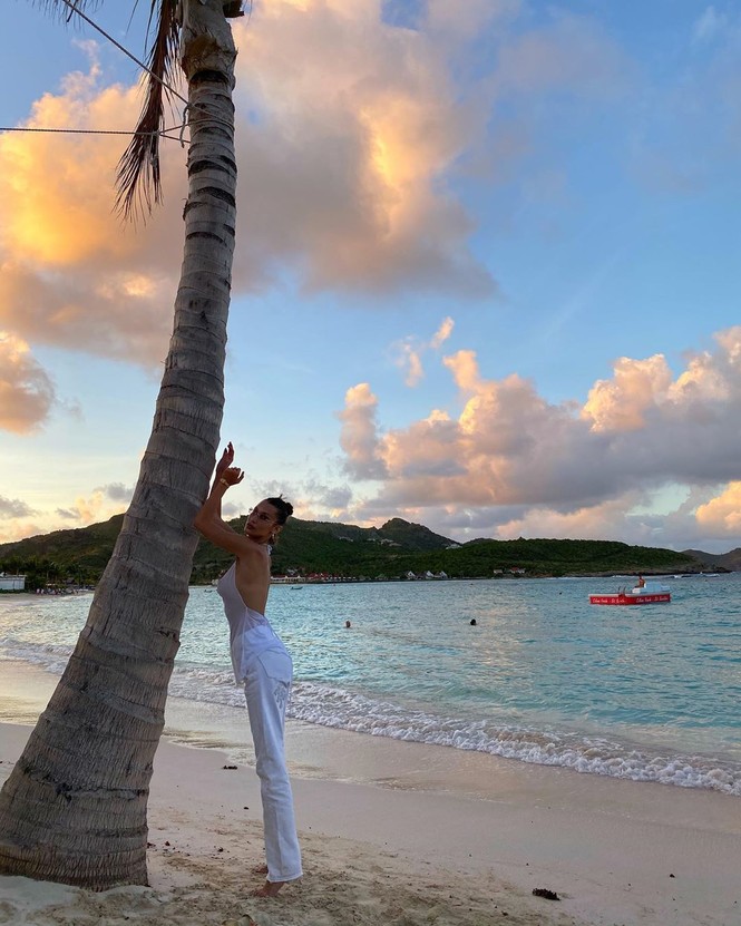 Bella Hadid áo xuyên thấu mỏng tang tạo dáng bên cây dừa - ảnh 8