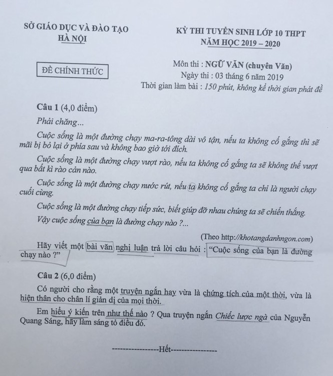 Đề thi chuyên Ngữ văn lớp 10 tại Hà Nội: Cuộc sống của bạn là đường chạy nào? - ảnh 1