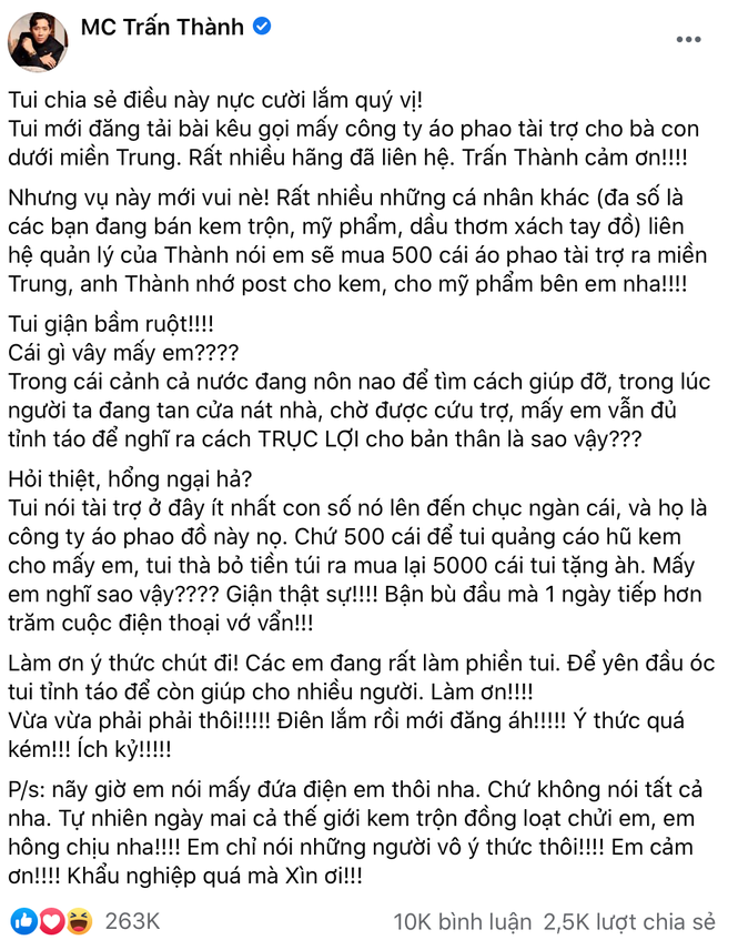 Sau Thủy Tiên, Trấn Thành bức xúc kẻ muốn trục lợi khi anh kêu gọi hỗ trợ miền Trung - ảnh 2