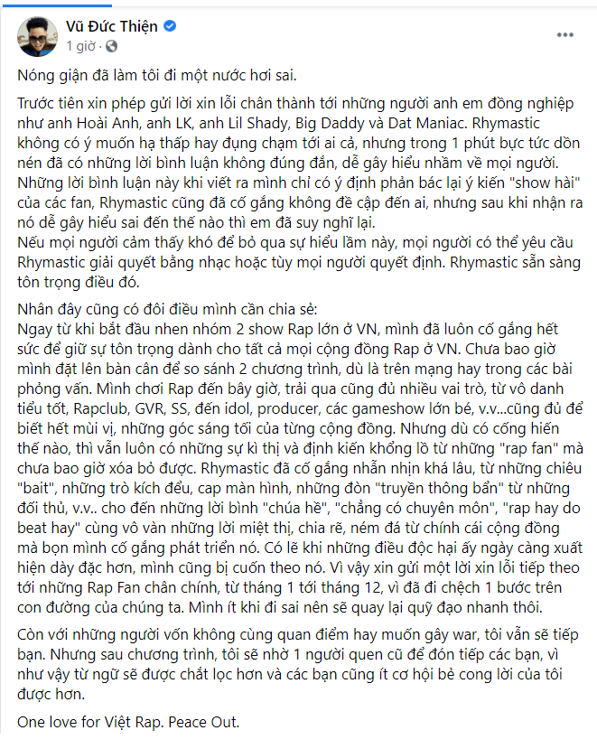 Rhymastic 'đăng đàn' xin lỗi Hồ Hoài Anh và giám khảo King of Rap - ảnh 1