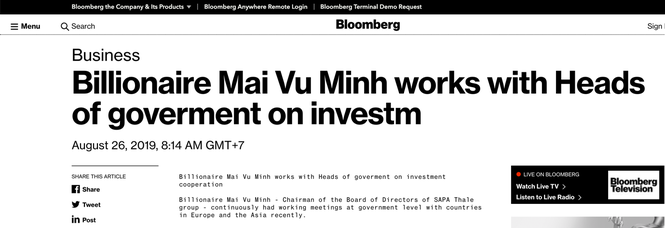 Bloomberg đưa tin tỷ phú Mai Vũ Minh làm việc với các nguyên thủ - ảnh 1