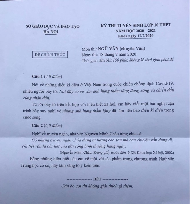 Thi lớp 10 chuyên Hà Nội: Đề Văn bàn về “những anh hùng thầm lặng”, đề Toán khó nhằn - ảnh 1