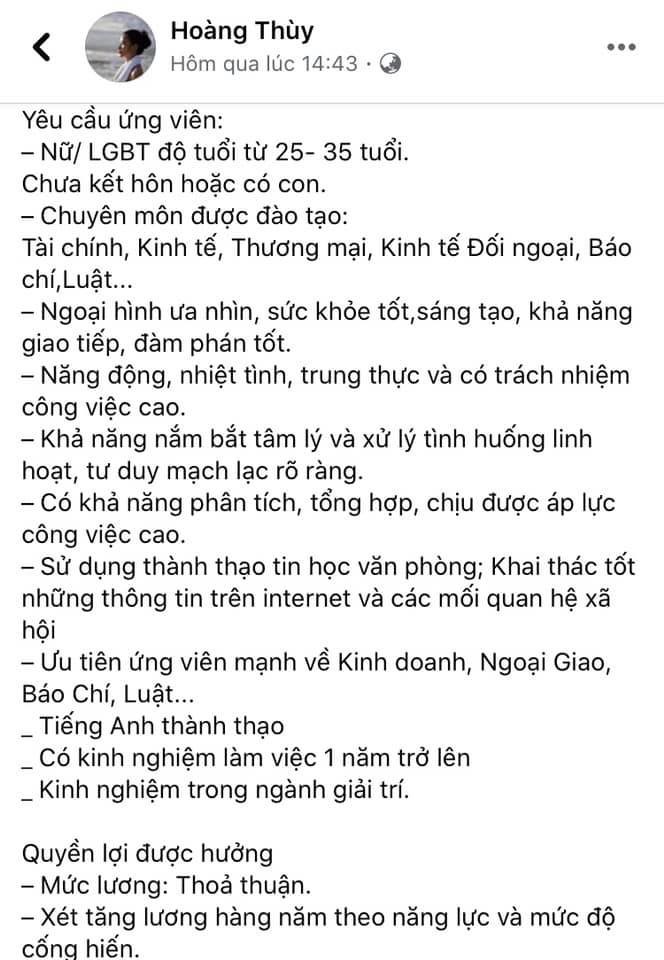 Dân mạng tranh cãi gay gắt về bài đăng tuyển trợ lý của siêu mẫu Hoàng Thùy - ảnh 1
