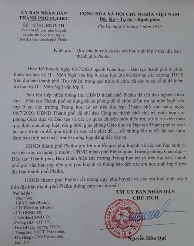 Chủ tịch UBND TP Pleiku gửi văn bản xin lỗi phụ huynh, học sinh sau vụ lộ đề thi học kỳ - ảnh 1