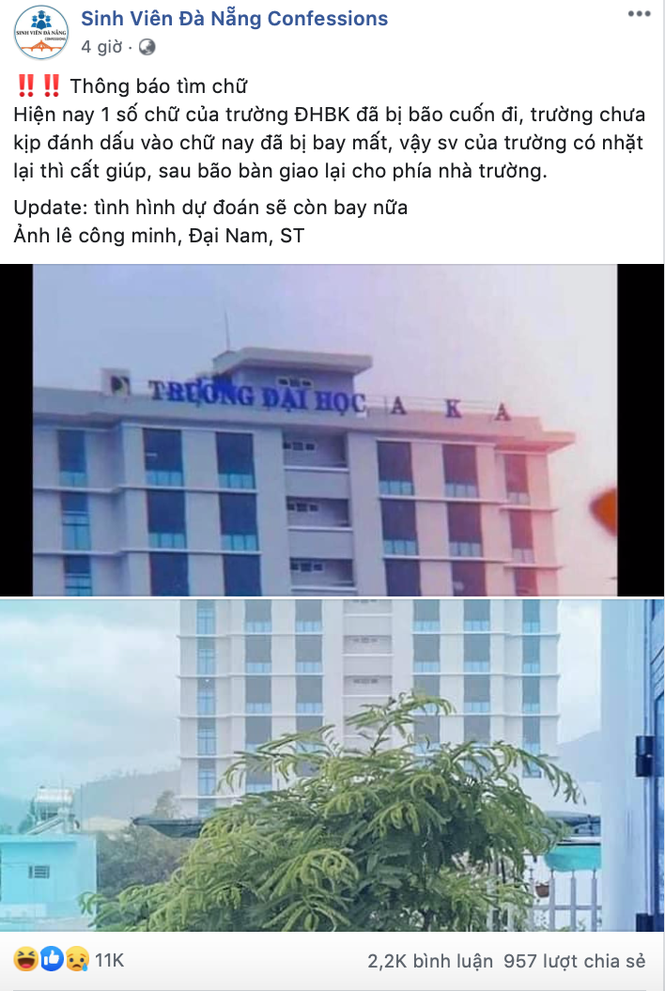 Bảng tên trường Đại học bị bão cuốn bay, sinh viên Đà Nẵng nhờ cộng đồng mạng tìm hộ - ảnh 1