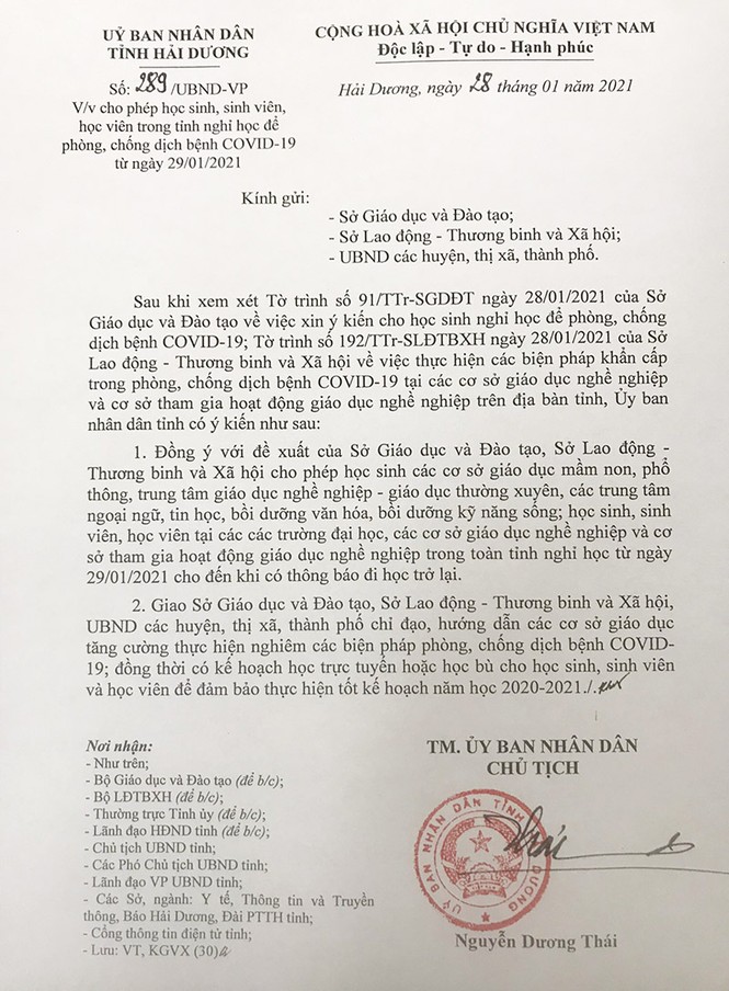 Học sinh, sinh viên tỉnh Hải Dương nghỉ học từ mai 28/1, TP Chí Linh giãn cách xã hội - ảnh 1