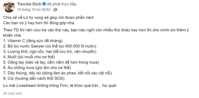 Rapper Tiến Đạt liệt kê 8 vật dụng cần thiết để cứu trợ đồng bào miền Trung - ảnh 1