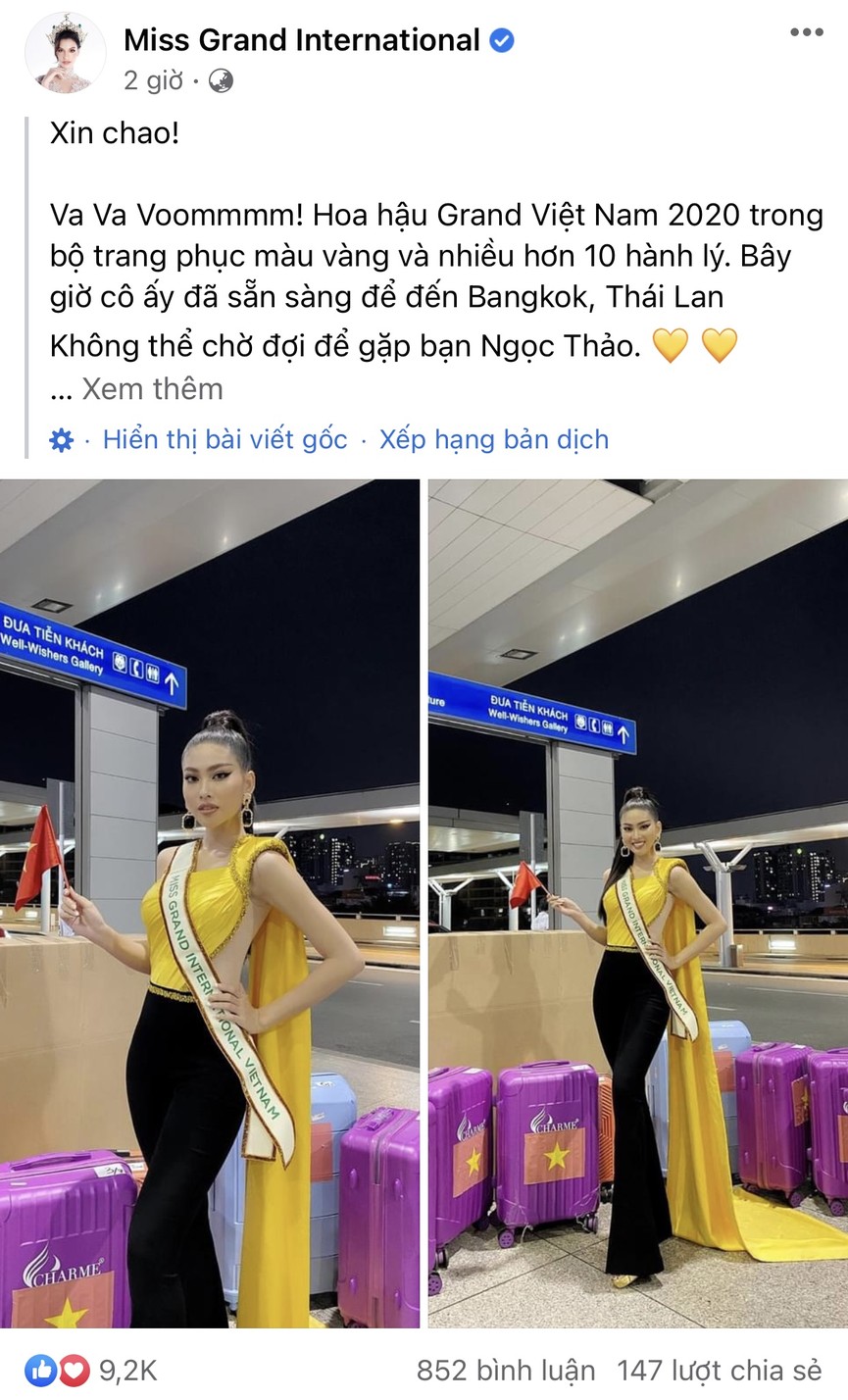 Mặc màu vàng 'phong thuỷ' ra sân bay sang Thái Lan, Á hậu Ngọc Thảo gây 'bão like' trên trang chủ Miss Grand - ảnh 3