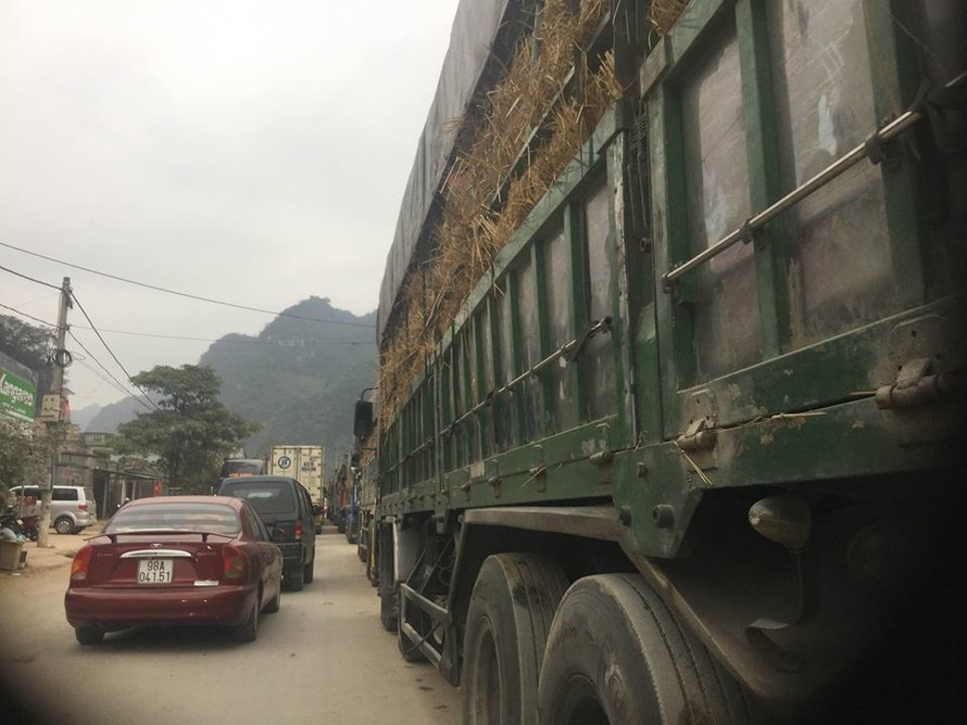 Xe chở hàng nông sản vẫn đỗ dài ở khu vực cửa khẩu Tân Thanh .Ảnh: Duy Chiến