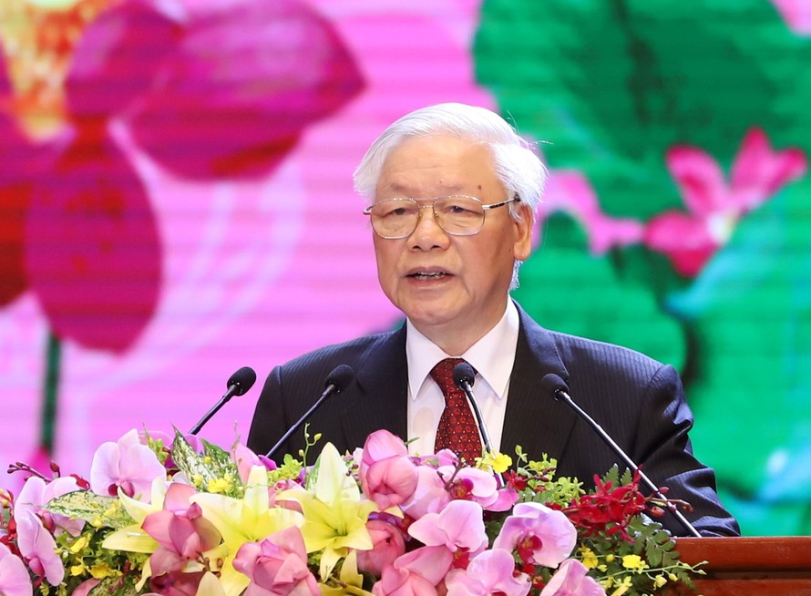 Tổng Bí thư, Chủ tịch nước Nguyễn Phú Trọng đọc diễn văn tại Lễ kỷ niệm 130 năm Ngày sinh Chủ tịch Hồ Chí Minh (ảnh Như Ý)