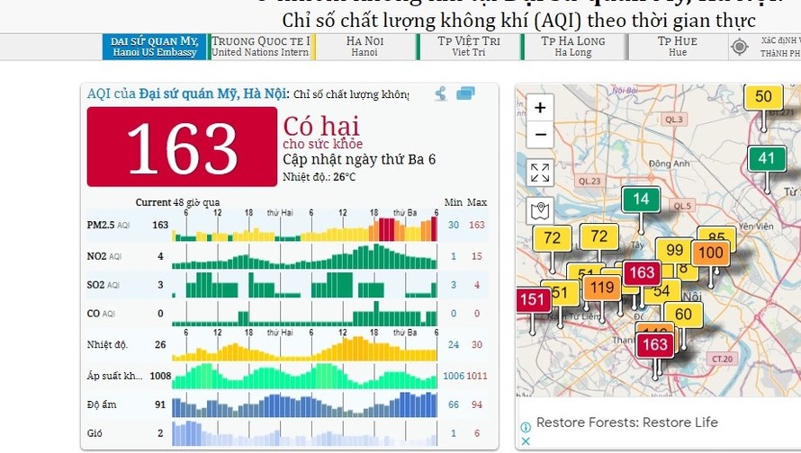 Chất lượng không khí nhiều điểm đo ở Hà Nội lên ngưỡng xấu trong sáng nay. Nguồn: Đại sứ quán Mỹ tại Việt Nam.