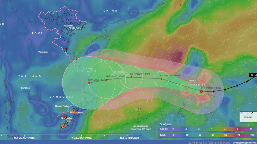 Dự báo đường đi và vùng ảnh hưởng của bão Goni khi vào Biển Đông.