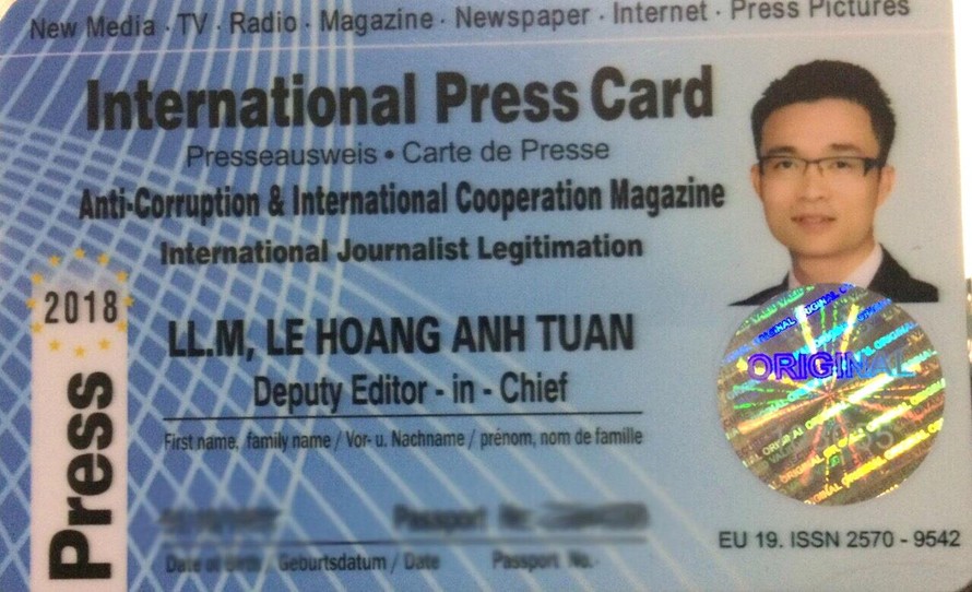 International Press Card - Thẻ Nhà báo Quốc tế có hiệu lực trong năm 2018 của Nhà báo Quốc tế, Thạc sĩ Luật học Lê Hoàng Anh Tuấn 