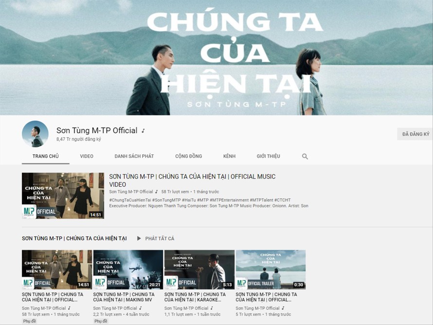 Kênh Sơn Tùng MTP tiếp tục nằm ở tốp đầu kênh YouTube tại Việt Nam