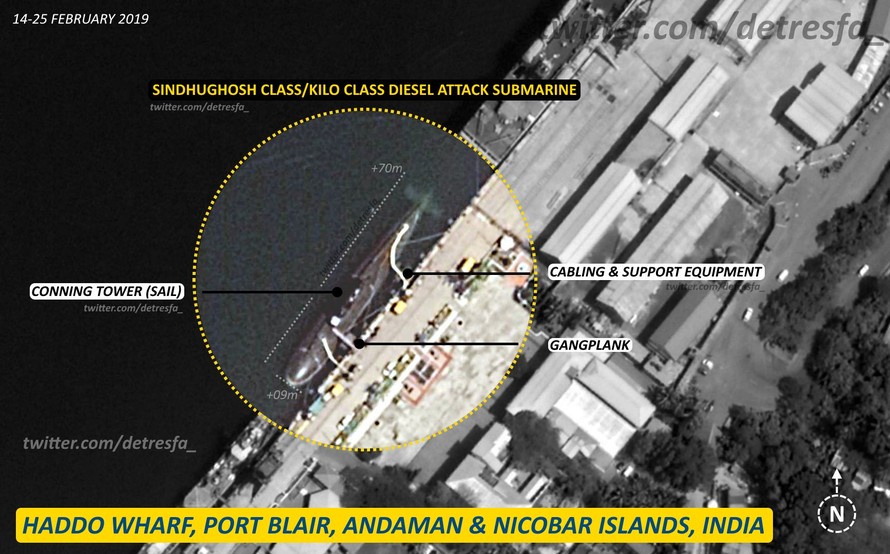 Hình ảnh vệ tinh cho thấy tàu ngầm Ấn Độ neo đậu ở Port Blair, thuộc quần đảo Andaman-Nicobar