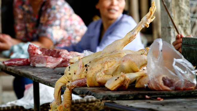 Quầy bán gà tết, ruồi bâu ở một chợ Hà Nội. ảnh: hồng vĩnh
