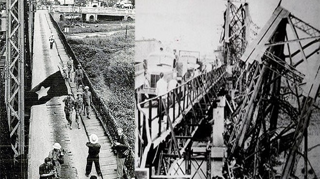 Nhóm chiến sĩ đầu tiên qua cầu Long Biên tiến vào tiếp quản Thủ đô ngày 10/10/1954 (trái); Cầu Long Biên bị máy bay Mỹ làm hư hại năm 1972