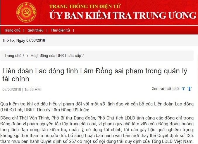 Kỷ luật Phó Bí thư Đảng đoàn, Phó Chủ tịch LĐLĐ tỉnh Lâm Đồng