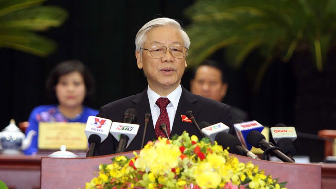 Tổng Bí thư Nguyễn Phú Trọng phát biểu tại Đại hội sáng 14/10. Ảnh: Thanh Vũ.