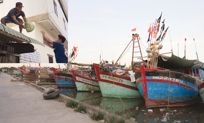 Tàu cập bến ở Trà Vinh để tránh bão Tembin (ảnh lớn). Chằng chống nhà (ảnh nhỏ). Ảnh: PV.