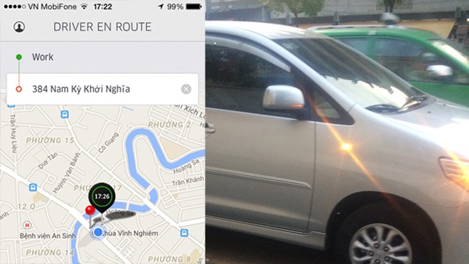  Chiếc Innova còn rất mới tham gia dịch vụ taxi Uber (ảnh lớn); Bảng thông tin của tài xế và tuyến đường hiện lên khi khách click chuột chọn dịch vụ (ảnh nhỏ)