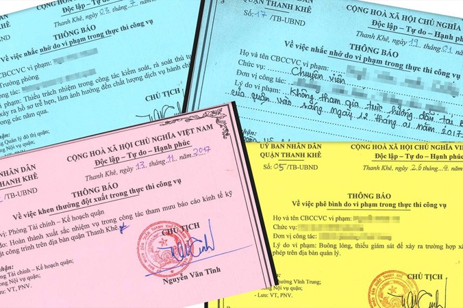 Các loại thẻ xanh, vàng, hồng được quận Thanh Khê áp dụng trong đánh giá thực thi công vụ. Ảnh: Thanh Trần.