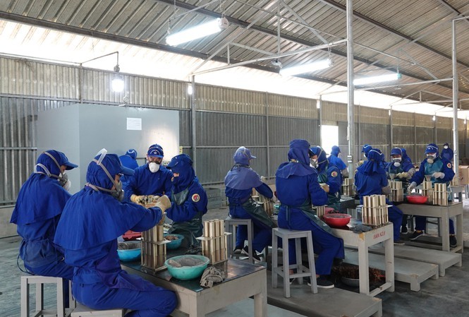 Các kíp công nhân đang thực hiện công đoạn nhồi, nén thuốc pháo. Ảnh: Nguyễn Minh