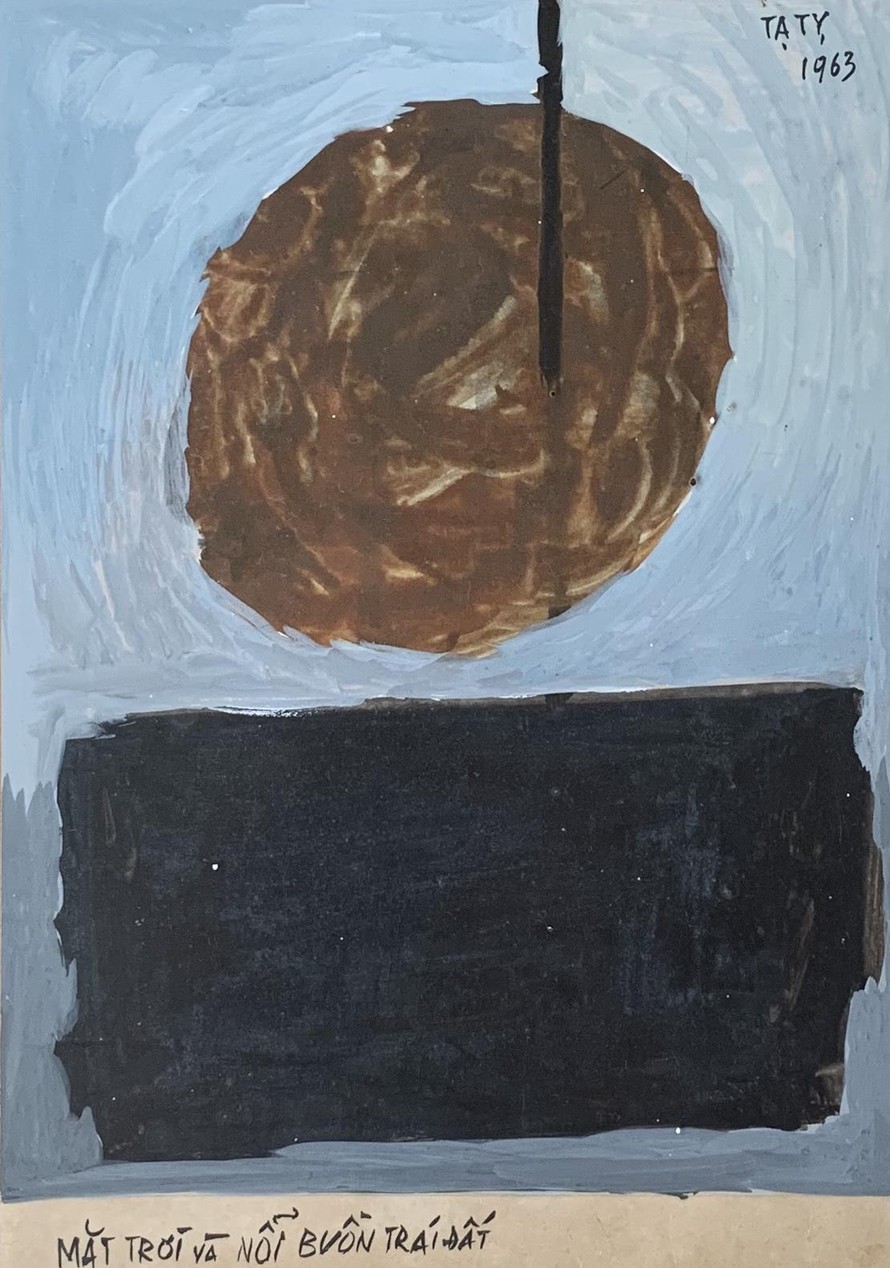 Bức tranh “Mặt trời và nỗi buồn trái đất” – Tạ Ty, 1963 với thủ bút của họa sĩ 