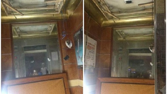 Chiếc thang máy rơi từ tầng 12. Ảnh: Weibo