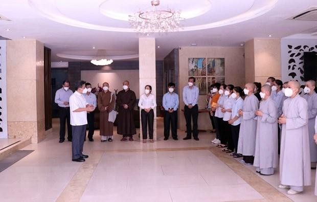 Lễ đón các tình nguyện viên tôn giáo hoàn thành nhiệm vụ hỗ trợ tuyến đầu tại bệnh viện Hồi sức chuyên sâu COVID-19 tại Thành phố Hồ Chí Minh. (Ảnh: Xuân Khu/TTXVN)