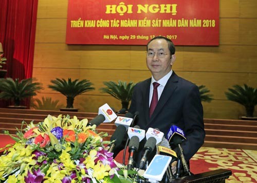 Chủ tịch nước Trần Đại Quang, Trưởng ban Chỉ đạo cải cách tư pháp Trung ương phát biểu chỉ đạo hội nghị. Ảnh CP