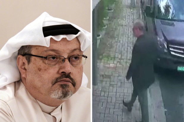 Jamal Khashoggi (trái) và cảnh ông bước vào lãnh sự quán Ả Rập Saudi ở Istanbul trên camera an ninh (phải). 