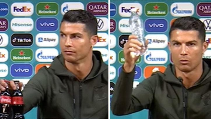 Ronaldo bỏ hai chai Coca-Cola đi chỗ khác, khuyên mọi người nên uống nước lọc. Ảnh chụp màn hình