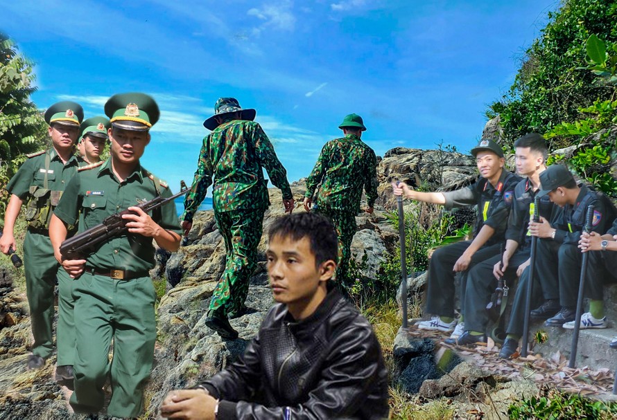 Lực lượng chức năng tổ chức vây ráp, truy tìm phạm nhân Triệu Quân Sự (áo đen) vượt ngục trại giam T10, lẫn trốn ở rừng Hải Vân. Ảnh: Nguyễn Thành
