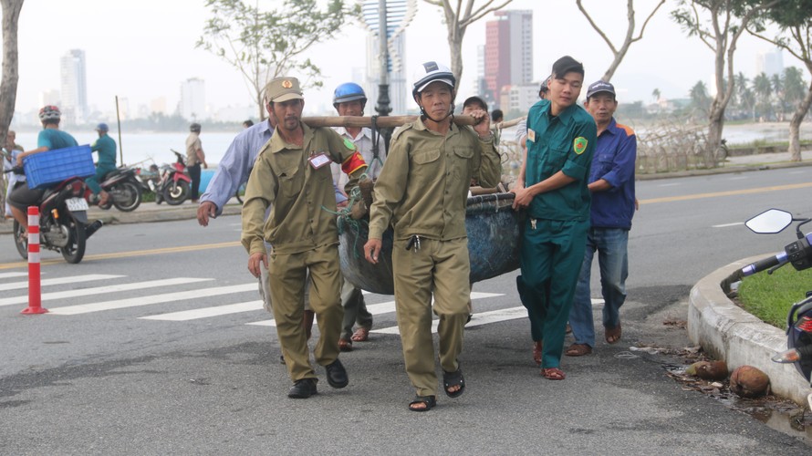 Các lực lượng chức năng các địa phương ven biển Đà Nẵng hỗ trợ dân di dời tàu, thuyền nhỏ lên bờ tránh bão số 13. Ảnh: Nguyễn Thành