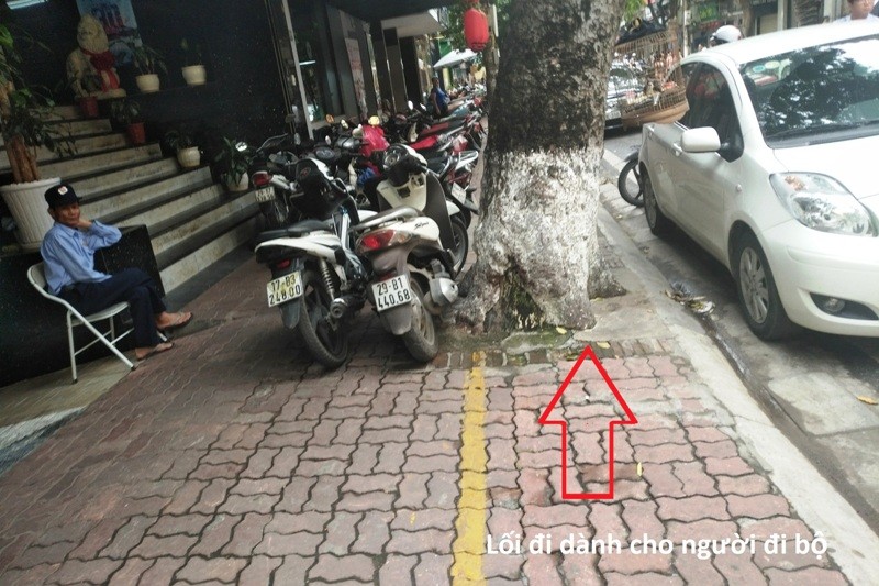 Lồi đi dành cho người đi bộ vướng cây. Phía trong cho phép để xe trên phố Triệu Việt Vương. Lòng đường trông giữ ô tô.