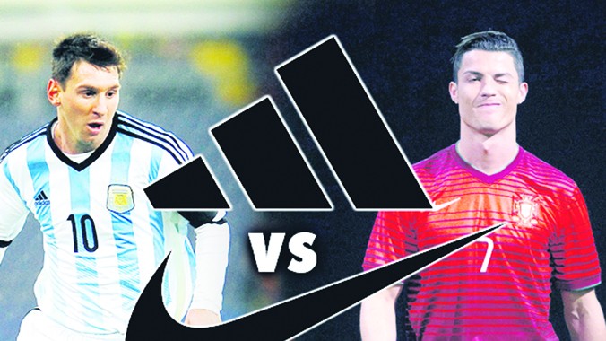 Hai ngôi sao Messi và Ronaldo đại diện cho cuộc chiến của hai hãng trang phục thể thao hàng đầu thế giới. Ảnh: The Sun 