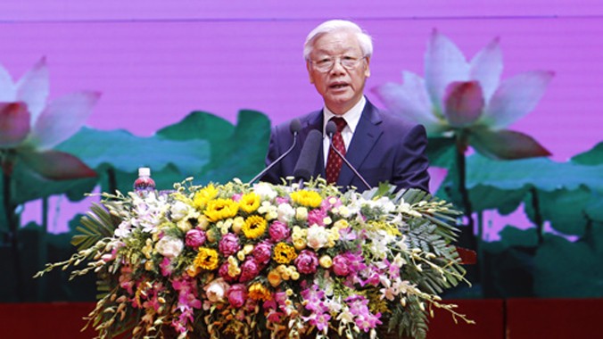 Tổng Bí thư Nguyễn Phú Trọng đọc diễn văn tại Lễ kỷ niệm 125 năm ngày sinh Chủ tịch Hồ Chí Minh. Ảnh: Như Ý