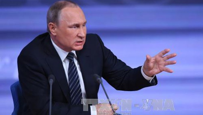 Tổng thống Nga Vladimir Putin phát biểu trong cuộc họp báo cuối năm ở thủ đô Moskva ngày 17/12. Ảnh: THX/TTXVN.
