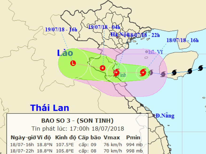 Dự báo tối và đêm nay, bão số 3 sẽ đi vào đất liền các tỉnh Thái Bình đến Quảng Bình. Ảnh: NCHMF.