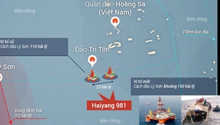Vị trí mới của giàn khoan 981 (ảnh lớn-nguồn Vnexpress, đồ họa của Đồng Nguyên Anh), Giàn khoan 981 và tàu ngư dân Lý Sơn từng bị tàu Trung Quốc đâm chìm. 