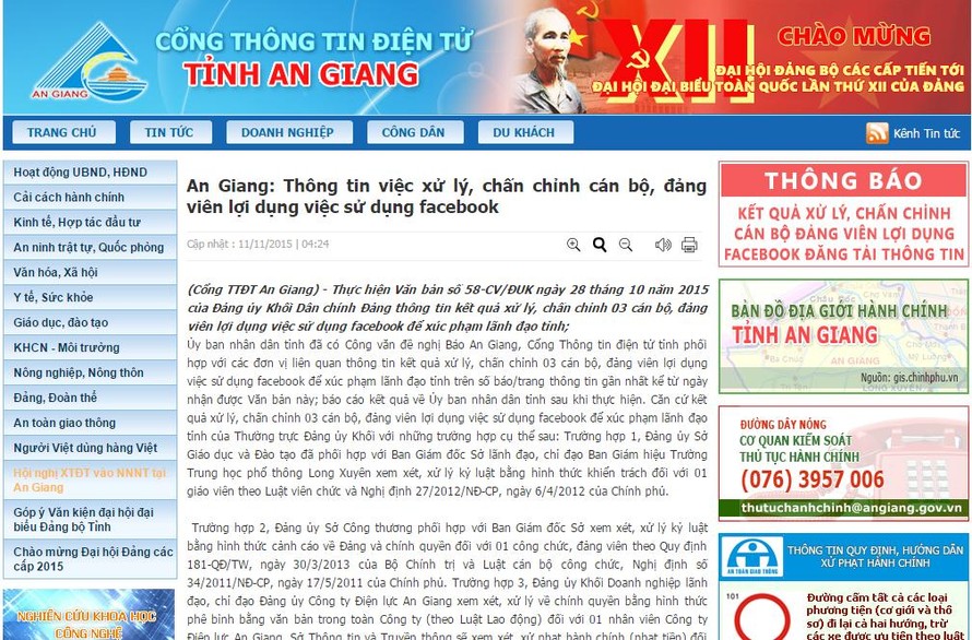 Chụp màn hình Cổng thông tin điện tử tỉnh An Giang thông tin vụ chủ tịch tỉnh bị chê trên Facebook.