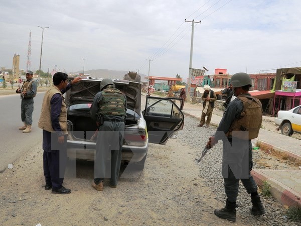 Cảnh sát Afghanistan kiểm tra an ninh trong một chiến dịch chống phiến quân ở tỉnh Ghazni ngày 7/8. (Nguồn: THX/TTXVN)